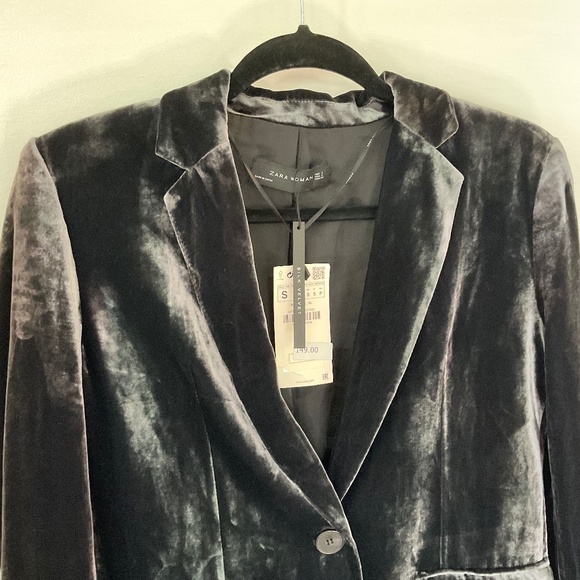 ZARA WOMAN GREY SILK/VELVET ONE BUTTON BLAZER SIZE SMALL - Picture 2 of 16